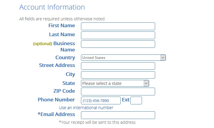 creating your hosting account information on bluehost