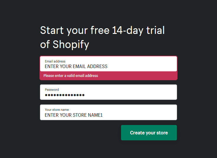 shopify sign up page