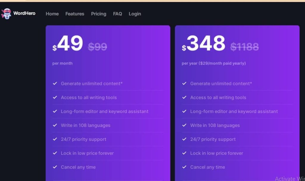 Wordhero Pricing