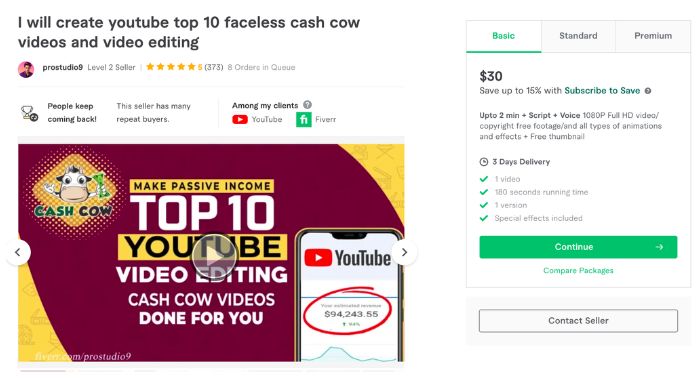 YouTube Cash cow Gig on Fiverr