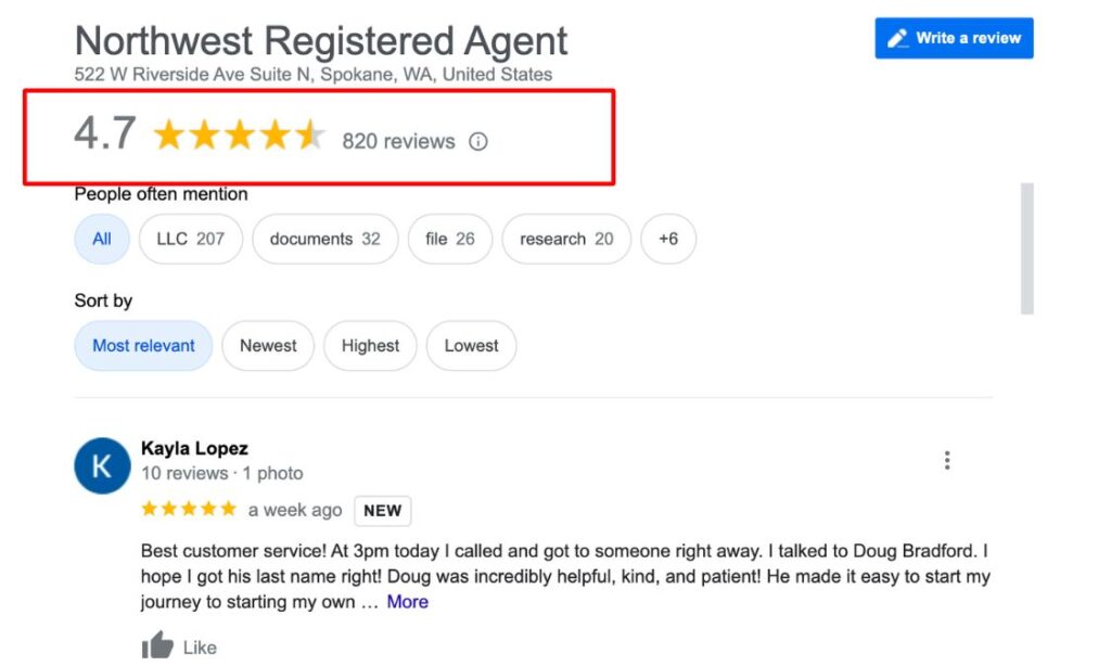 Northwest registered agent Google review
