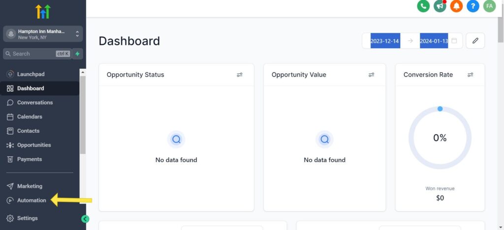 Gohighlevel dashboard with an arrow pointing to "Automation" in the left side of the screen. - How to create Gohighlevel workflows with recipes.