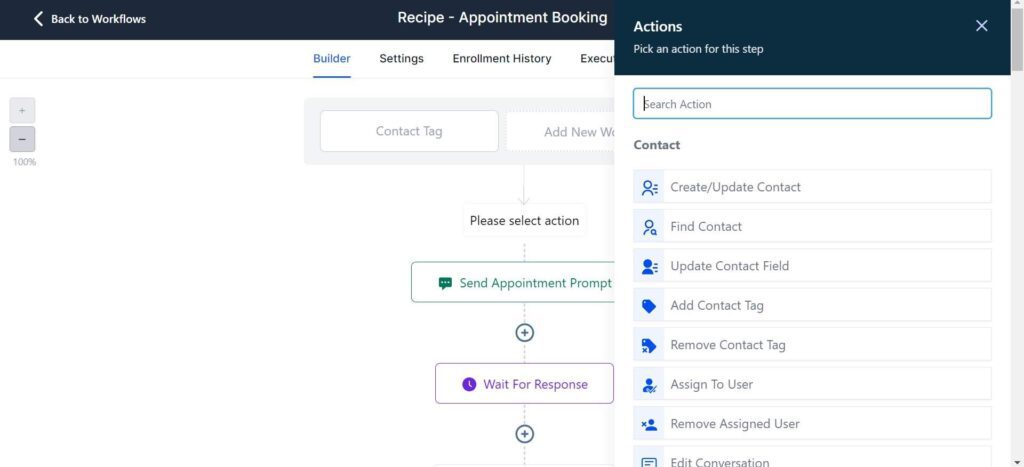 Action menu on Gohighllevel workflow builder. This appears once you click the "+" to add an action the workflow - How to create Gohighlevel workflow with Recipes